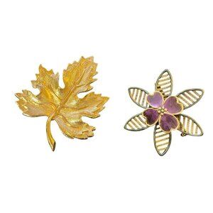 Lot of 2 Brooches Unsigned Unknown Metal Leaf Flower Gold Purple